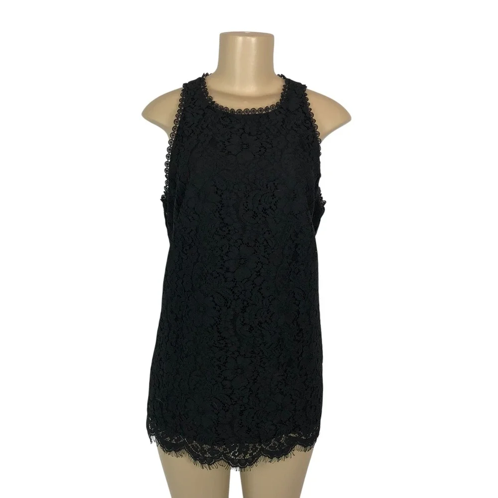 Cabi Black Floral Scalloped Eyelash Lace Top Blouse Size M #3605 Business Office